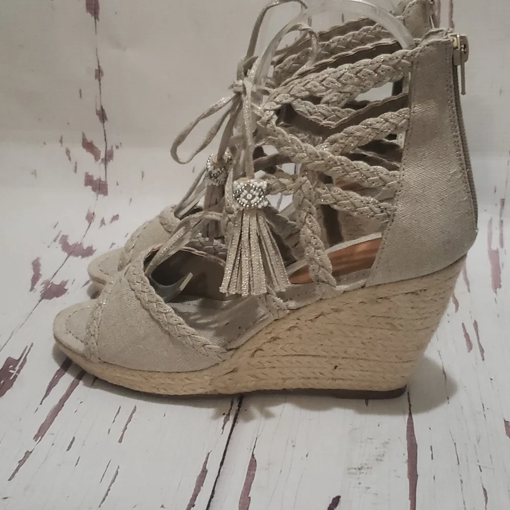 Rampage 7.5 Carlita silver glitter canvas wedge espadrilles strappy with tassels